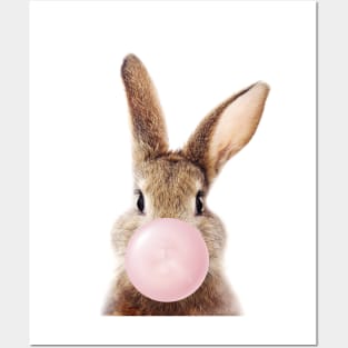 Brown Bunny Blowing Bubble Gum, Pink Nursery, Baby Animals Art Print by Synplus Posters and Art